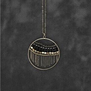 Black Gold Beaded Necklace with Chain Fringe Detail